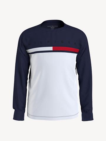 White / Navy Tommy Hilfiger Flag Stripe Long Sleeve T Shirts | NZ_B2173