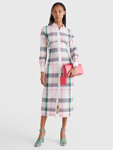 White / Pink Tommy Hilfiger Madras Maxi Shirt Dresses | NZ_W21102