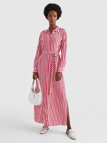 White / Pink Tommy Hilfiger Striped Maxi Dresses | NZ_W21129