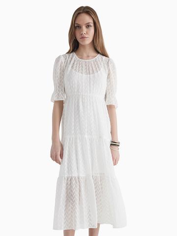 White Tommy Hilfiger Chiffon Tiered Maxi Dresses | NZ_W21047