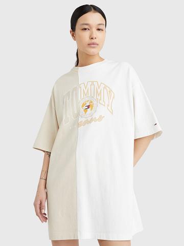 White Tommy Hilfiger Collegiate Split Logo T-Shirt Dresses | NZ_W21048