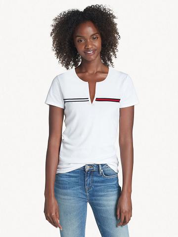 White Tommy Hilfiger Essential Split-Neck T Shirts | NZ_W21451