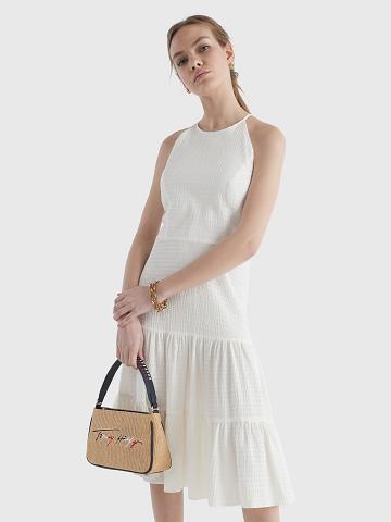 White Tommy Hilfiger Solid Tiered Halter Dresses | NZ_W21124