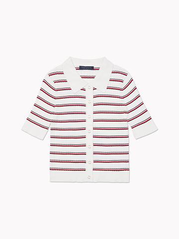 White Tommy Hilfiger Stripe Knit Polo Cardigan Sweaters | NZ_W21370