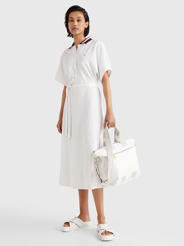 White Tommy Hilfiger Tie-Waist Pique Polo Dresses | NZ_W21132